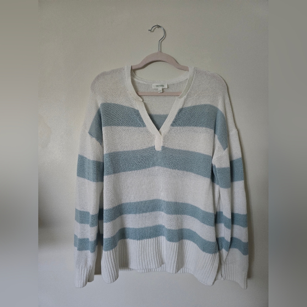 Haven Well Within Womens Large Blue White Striped Organic Cotton Linen Sweater